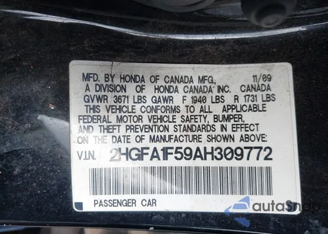 2010 Honda Civic Lx from USA, damaged, VIN 2HGFA1F59AH309772